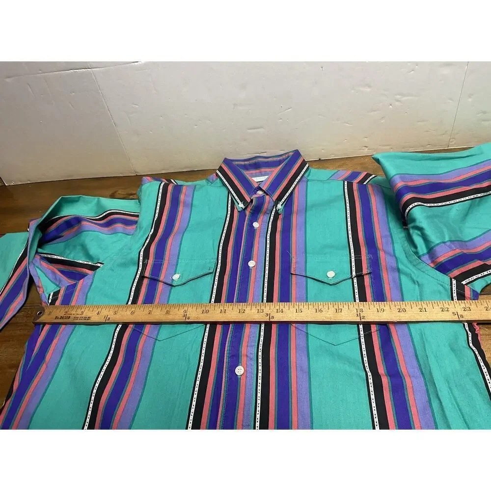 Vintage Wrangler Brushpopper Western Striped Button Up X-Long Tails 17x36 USA